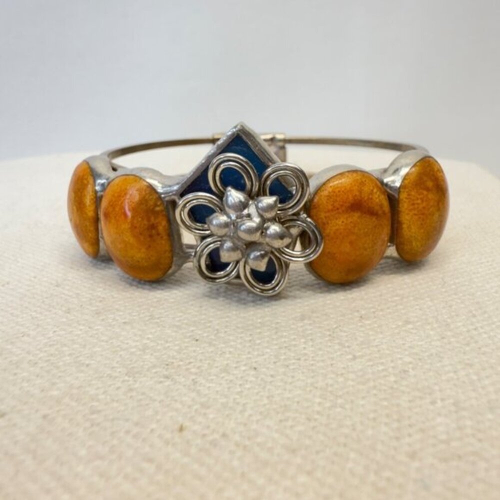 Handmade Vintage Hinged‎ Bangle Bracelet Silver-Tone Boho Tan Blue Floral